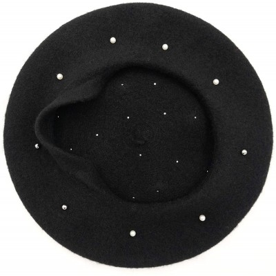 Berets Women Wool Beret Hat French Style Solid Color - Black+pearl - CV18I7A6ZXW $13.67