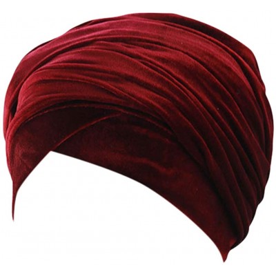 Skullies & Beanies Women Solid Color Velvet Muslim Stretch Turban Hat Chemo Cap Visor Head Scarf Wrap Sleeping Cap - Wine - C...