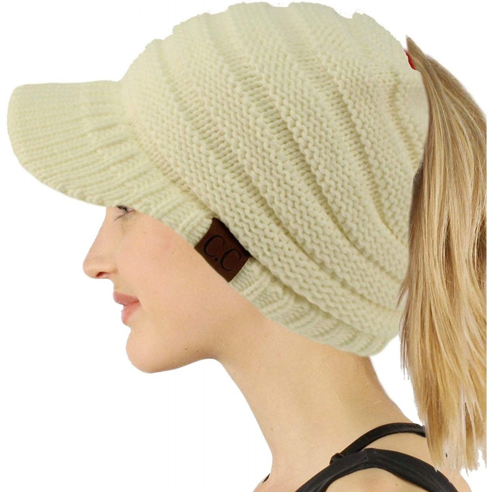 Skullies & Beanies Ponytail Visor Brim Messy Bun BeanieTail Stretchy Knit Beanie Sun Hat - Solid Ivory - C418KAE2W8C $13.73