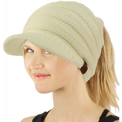 Skullies & Beanies Ponytail Visor Brim Messy Bun BeanieTail Stretchy Knit Beanie Sun Hat - Solid Ivory - C418KAE2W8C $13.73