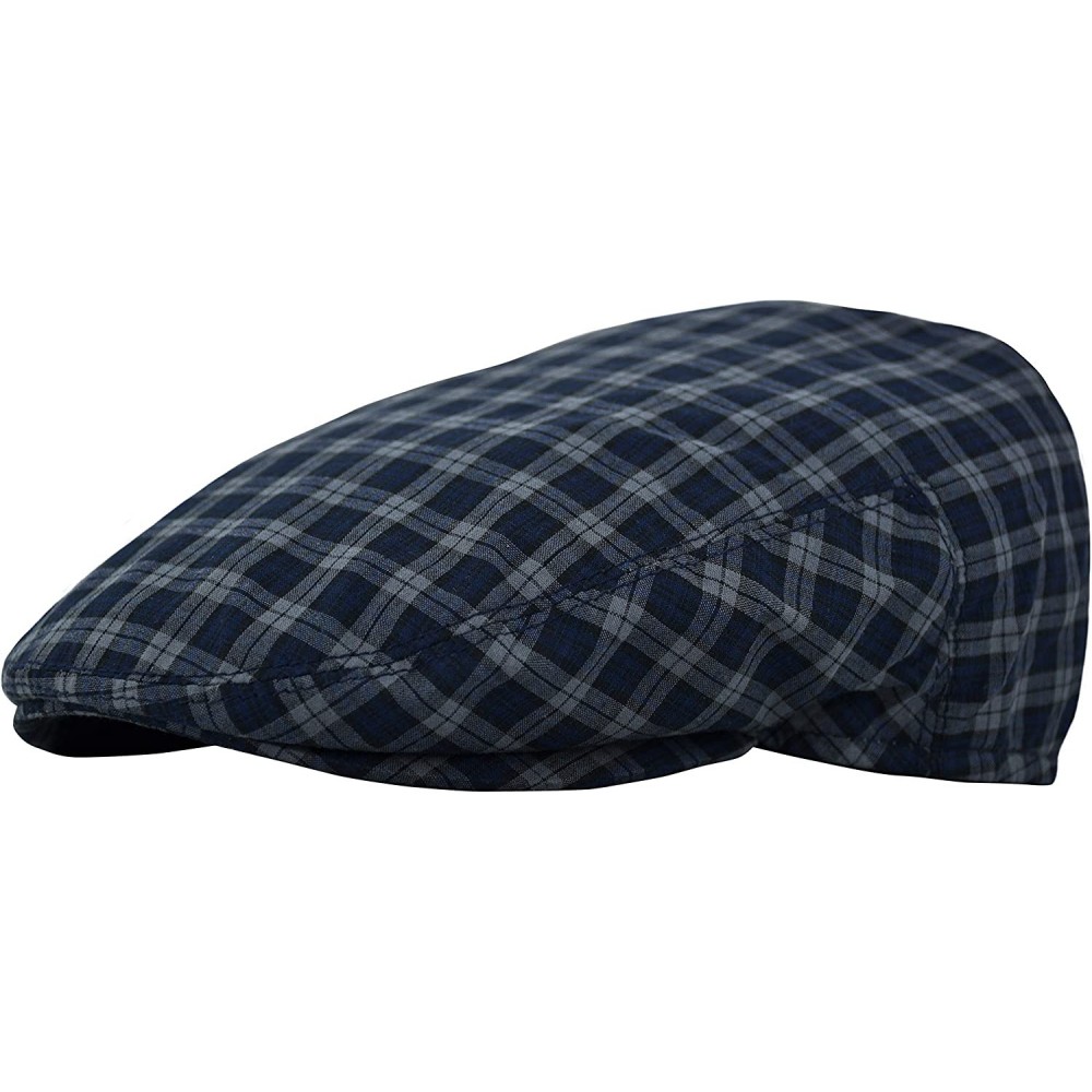 Newsboy Caps Men's Light Weight Cotton Plaid Summer Newsboy Flat Ivy Driving Cap - Navy-gray Check - CV18UK0A0TQ $11.51