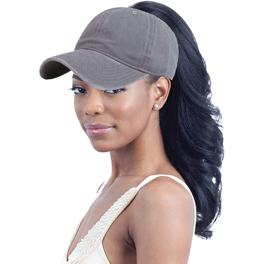 Baseball Caps Womens Cotton Distressed High Ponytail Baseball Messy Bun Cap Washed Ponycap - Gray - CY18NEKK544 $12.10