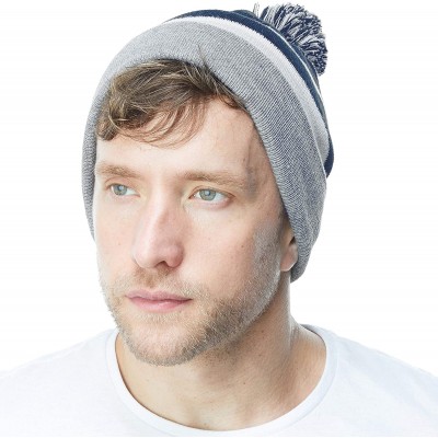 Skullies & Beanies Winter Soft Unisex Cuff Pom Pom Stripe Knit Beanie Skull Slouch Hat - Grey-navy - C918ISATYK0 $10.53