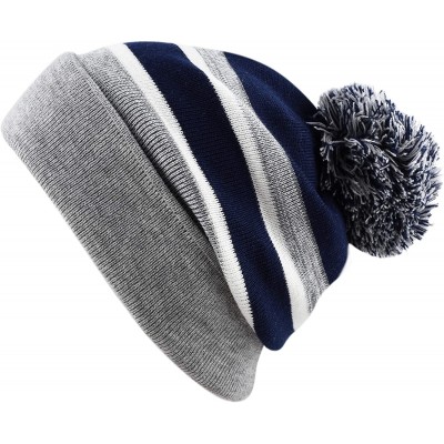 Skullies & Beanies Winter Soft Unisex Cuff Pom Pom Stripe Knit Beanie Skull Slouch Hat - Grey-navy - C918ISATYK0 $10.53