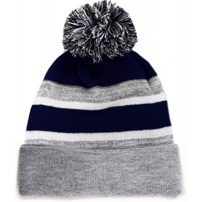 Skullies & Beanies Winter Soft Unisex Cuff Pom Pom Stripe Knit Beanie Skull Slouch Hat - Grey-navy - C918ISATYK0 $10.53