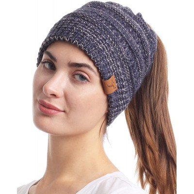 Skullies & Beanies Ponytail Messy Bun Beanie Tail Knit Hole Soft Stretch Cable Winter Hat for Women - 2 Tone Navy - CK18X2I96...