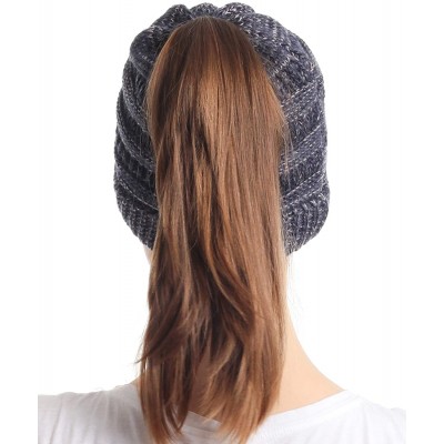 Skullies & Beanies Ponytail Messy Bun Beanie Tail Knit Hole Soft Stretch Cable Winter Hat for Women - 2 Tone Navy - CK18X2I96...