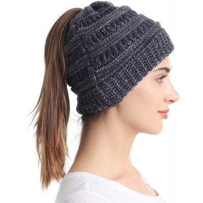 Skullies & Beanies Ponytail Messy Bun Beanie Tail Knit Hole Soft Stretch Cable Winter Hat for Women - 2 Tone Navy - CK18X2I96...