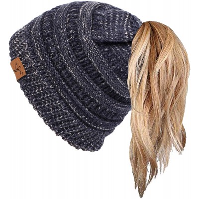 Skullies & Beanies Ponytail Messy Bun Beanie Tail Knit Hole Soft Stretch Cable Winter Hat for Women - 2 Tone Navy - CK18X2I96...