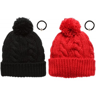 Skullies & Beanies Women's Thick Oversized Cable Knitted Fleece Lined Pom Pom Beanie Hat with Hair Tie. - 1 Black&1 Red - C11...