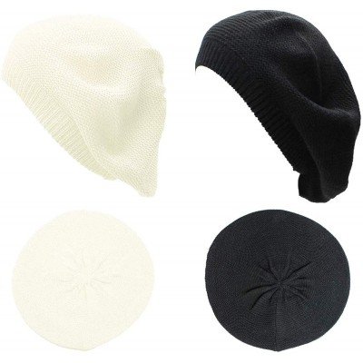 Berets JTL Beret Beanie Hat for Women Fashion Light Weight Knit Solid Color - 2pcs-pack Ivory and Black - CB18QEIU66L $31.34