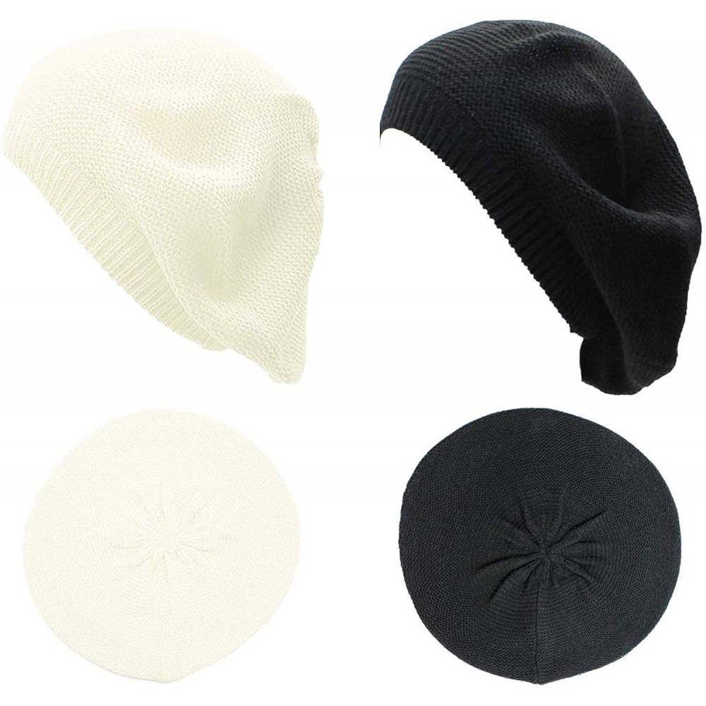 Berets JTL Beret Beanie Hat for Women Fashion Light Weight Knit Solid Color - 2pcs-pack Ivory and Black - CB18QEIU66L $18.64