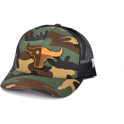 Baseball Caps Texas 'The Longhorn' Leather Patch Hat Curved Trucker - Camo/Black - C618IGOTZ6N $21.38