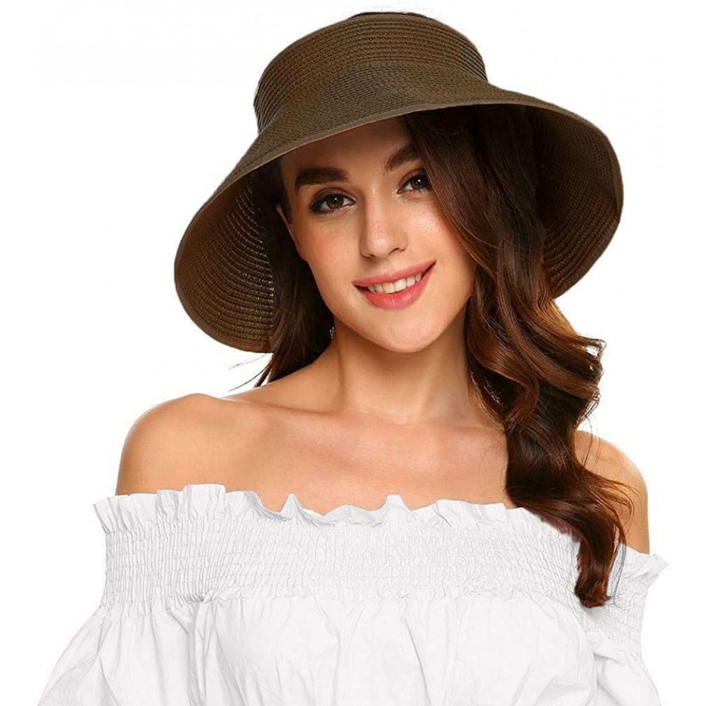 Visors Womens Sun Visor Hat- Foldable Straw Sun Hat with Cute Bowtie - Coffee - CF1943IQORE $9.46