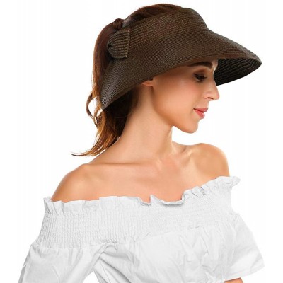 Visors Womens Sun Visor Hat- Foldable Straw Sun Hat with Cute Bowtie - Coffee - CF1943IQORE $9.46
