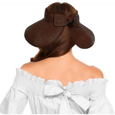 Visors Womens Sun Visor Hat- Foldable Straw Sun Hat with Cute Bowtie - Coffee - CF1943IQORE $9.46