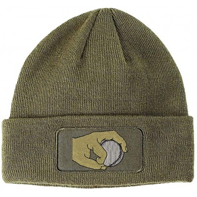 Skullies & Beanies Custom Patch Beanie Left-Handed Pitcher's Grip Embroidery Acrylic - Olive Green - CE18A6IXDAC $35.35