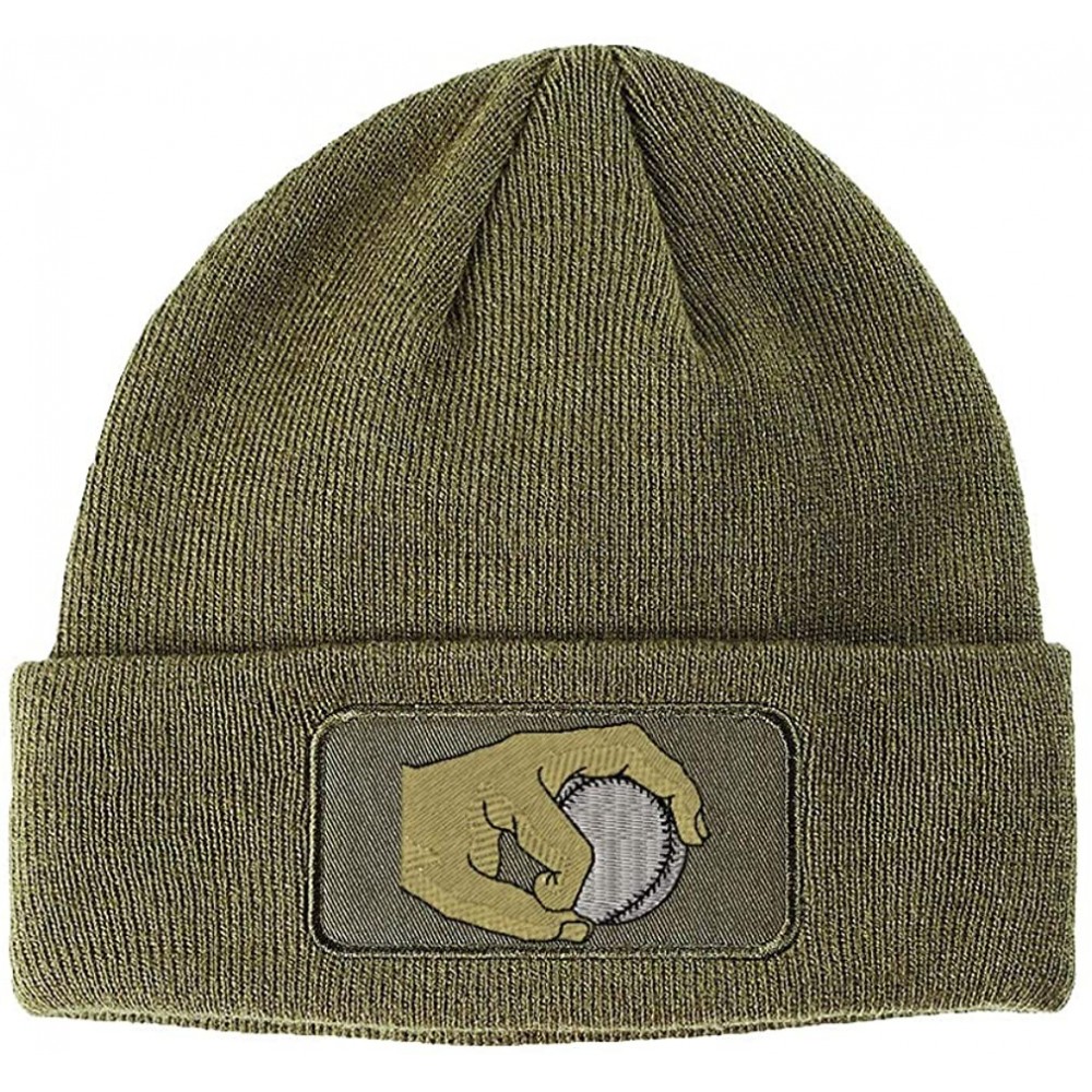 Skullies & Beanies Custom Patch Beanie Left-Handed Pitcher's Grip Embroidery Acrylic - Olive Green - CE18A6IXDAC $18.85