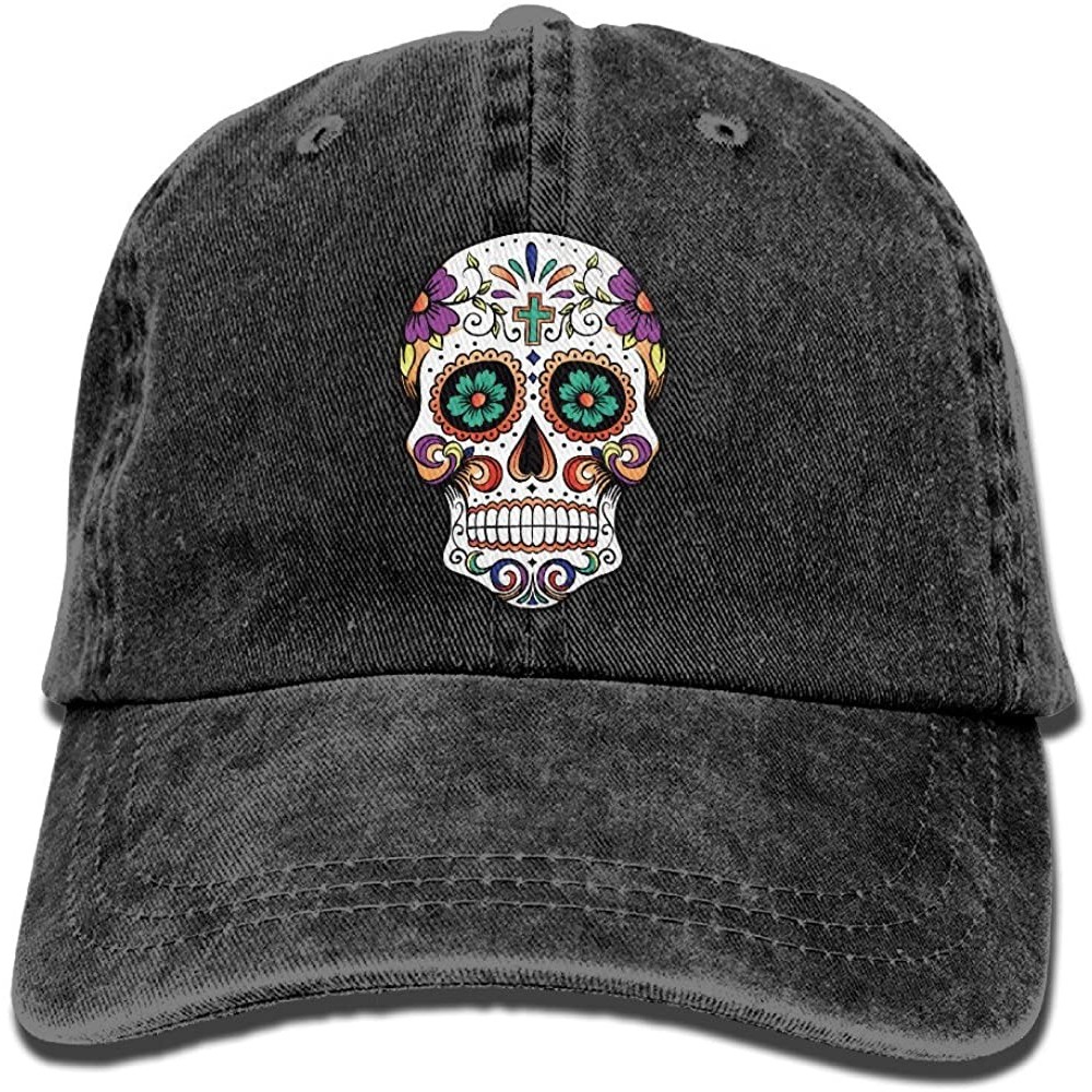 Baseball Caps Denim Baseball Hat Sugar Floral Skull Adult Vintage Washed Cotton Adjustable Cap - Black - CH185GW2QLE $14.25