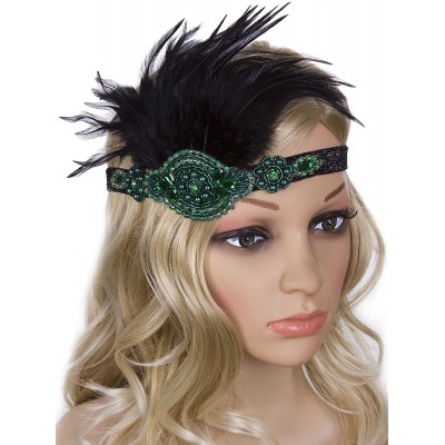 Headbands Black Beaded Flapper Headband Inspired Great Gatsby 1920s Headpiece Accessories Feather Vintage - Green - CH1884I2N...