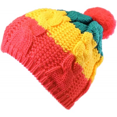 Berets Warm Winter Ski Stripe Pompom Crochet Knit Beanie Beret Cap Hat - Red Pink - CE11N3HBNIR $15.37