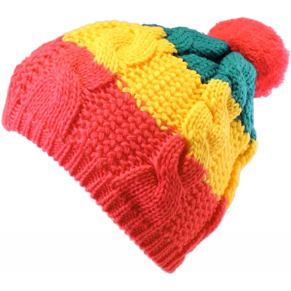 Berets Warm Winter Ski Stripe Pompom Crochet Knit Beanie Beret Cap Hat - Red Pink - CE11N3HBNIR $6.47