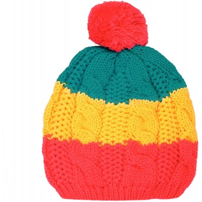 Berets Warm Winter Ski Stripe Pompom Crochet Knit Beanie Beret Cap Hat - Red Pink - CE11N3HBNIR $6.47