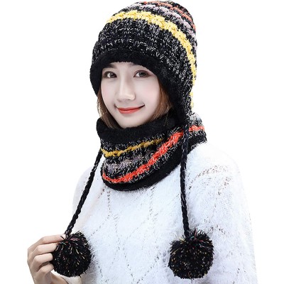 Skullies & Beanies 2 Pcs Knitted Hat Scarf Set for Women Winter Warm Fleece Lined Beanie Hat Earflap Ski Hat with Pompom - Bl...