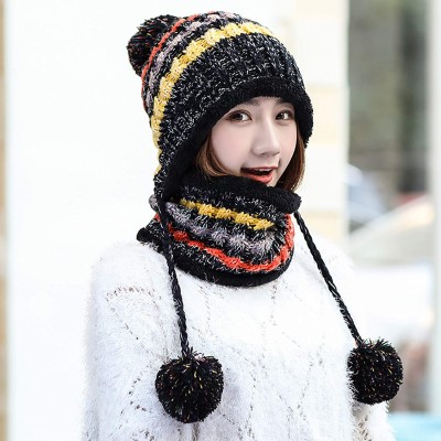 Skullies & Beanies 2 Pcs Knitted Hat Scarf Set for Women Winter Warm Fleece Lined Beanie Hat Earflap Ski Hat with Pompom - Bl...