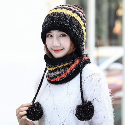 Skullies & Beanies 2 Pcs Knitted Hat Scarf Set for Women Winter Warm Fleece Lined Beanie Hat Earflap Ski Hat with Pompom - Bl...