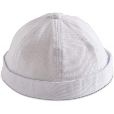 Skullies & Beanies Brimless Adjustable Docker Hat Beanie - Retro Cotton No Visor Cap Men and Women - White - CX18WII56DT $12.16