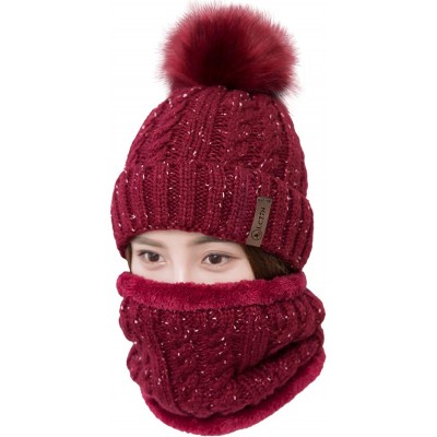 Skullies & Beanies Womens Pom Beanie Hat Scarf Set Girls Cute Winter Ski Hat Slouchy Knit Skull Cap with Fleece Lined - C718K...