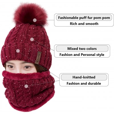 Skullies & Beanies Womens Pom Beanie Hat Scarf Set Girls Cute Winter Ski Hat Slouchy Knit Skull Cap with Fleece Lined - C718K...