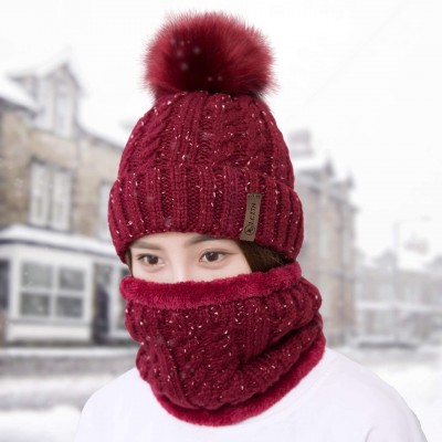 Skullies & Beanies Womens Pom Beanie Hat Scarf Set Girls Cute Winter Ski Hat Slouchy Knit Skull Cap with Fleece Lined - C718K...