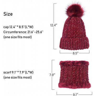 Skullies & Beanies Womens Pom Beanie Hat Scarf Set Girls Cute Winter Ski Hat Slouchy Knit Skull Cap with Fleece Lined - C718K...