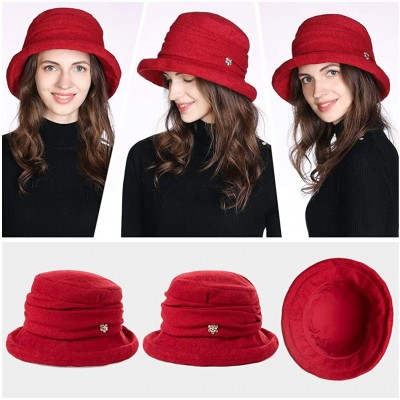 Bucket Hats Womens Winter Bucket Derby Gatsby Vintage 1920s Round Bowler Church Hat Fall 55-59cm - 16060-burgundy - CW18A60MA...