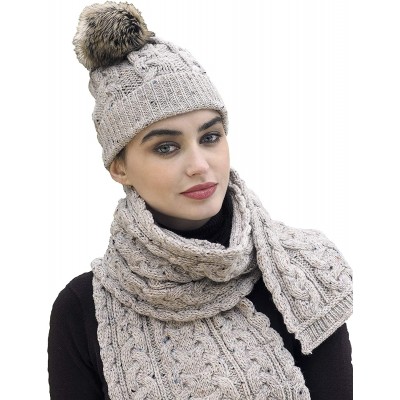 Skullies & Beanies Women's Irish Cable Knitted Soft Pom Faux Fur Hat (100% Merino Wool) - Oatmeal - CB18T5DXT7A $58.40