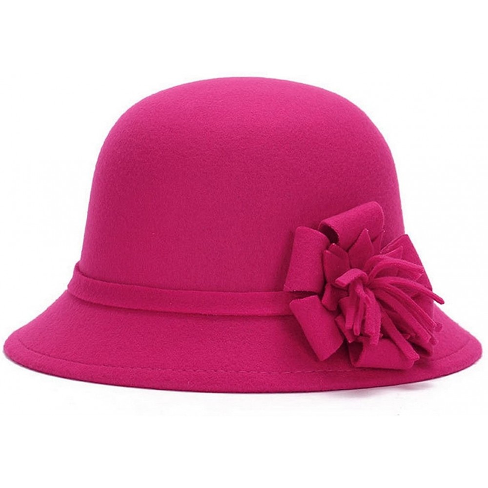 Bucket Hats Women Warm Wool Felt Church Cloche Cap Bucket Hat Bowler Hats with Flower Band - Rose - C2189Y8I9ZY $11.59