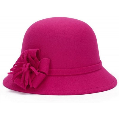 Bucket Hats Women Warm Wool Felt Church Cloche Cap Bucket Hat Bowler Hats with Flower Band - Rose - C2189Y8I9ZY $11.59