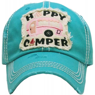 Baseball Caps Adjustable Happy Camper Distressed Baseball Cap Hat - Blue Turquoise - CP18RXYA5LM $17.46