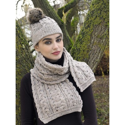 Skullies & Beanies Women's Irish Cable Knitted Soft Pom Faux Fur Hat (100% Merino Wool) - Oatmeal - CB18T5DXT7A $25.81
