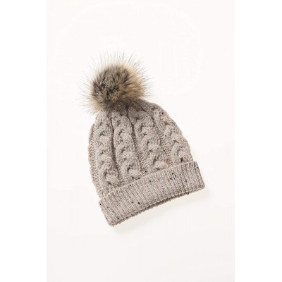 Skullies & Beanies Women's Irish Cable Knitted Soft Pom Faux Fur Hat (100% Merino Wool) - Oatmeal - CB18T5DXT7A $25.81