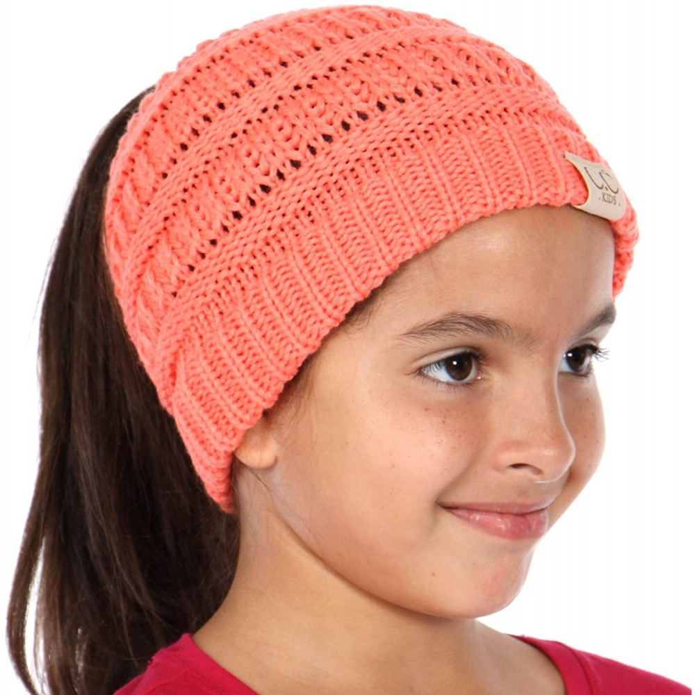 Skullies & Beanies Beanie Tail Kids Soft Stretch Cable Knit Messy High Bun Ponytail Beanie Hat - Coral - CT188DRS8AL $14.95