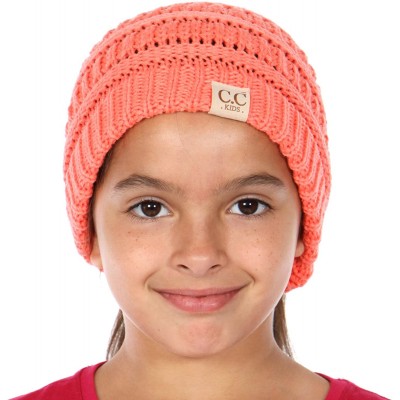 Skullies & Beanies Beanie Tail Kids Soft Stretch Cable Knit Messy High Bun Ponytail Beanie Hat - Coral - CT188DRS8AL $14.95