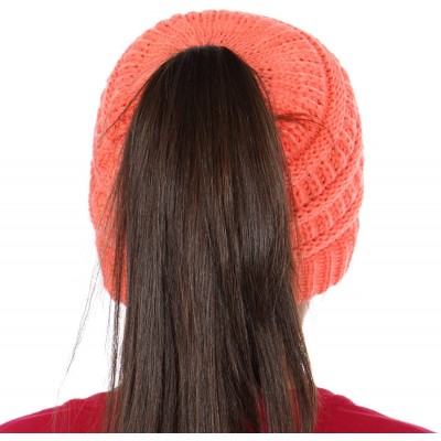Skullies & Beanies Beanie Tail Kids Soft Stretch Cable Knit Messy High Bun Ponytail Beanie Hat - Coral - CT188DRS8AL $14.95