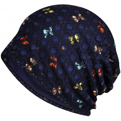 Skullies & Beanies Womens Cotton Beanie Lace Turban Soft Sleep Cap Chemo Hats Fashion Slouchy Hat - Navy Butterfly - CS18SCWT...