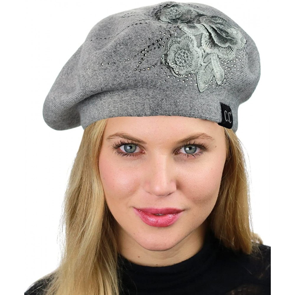 Berets Rhinestone Embellished Embroidered Flower French Style Angora Beret - Gray - CS187EMKDX4 $25.10