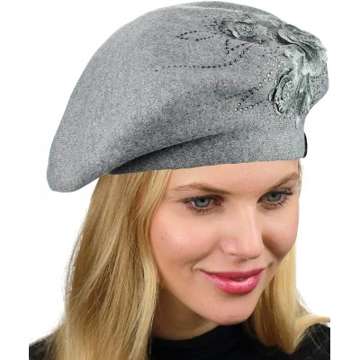 Berets Rhinestone Embellished Embroidered Flower French Style Angora Beret - Gray - CS187EMKDX4 $25.10