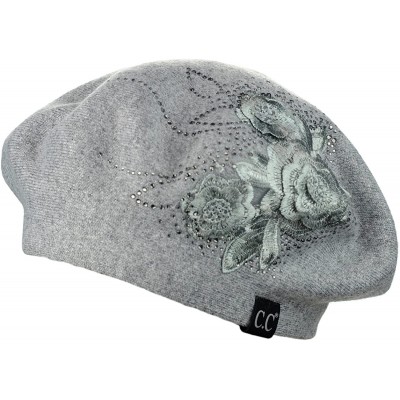 Berets Rhinestone Embellished Embroidered Flower French Style Angora Beret - Gray - CS187EMKDX4 $25.10