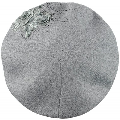 Berets Rhinestone Embellished Embroidered Flower French Style Angora Beret - Gray - CS187EMKDX4 $25.10